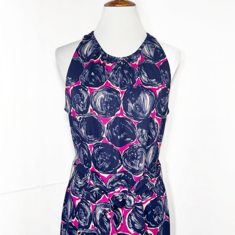 SOLD-Tory Burch Floral Print Belted Blue Pink Knee Length Sleeveless Dress - Picture 7 of 10